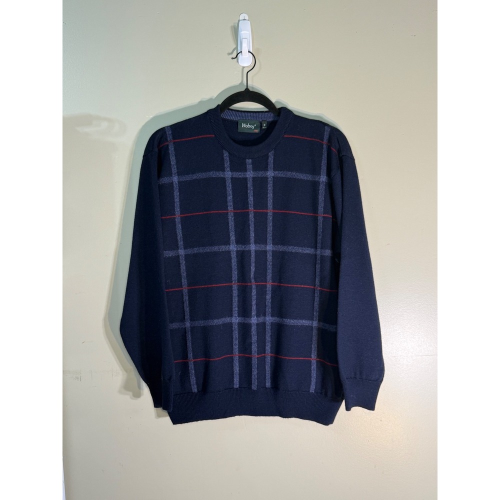Wolsey Mens Merino Wool Blend Navy Blue Windowpane Plaid Crewneck Sweater M